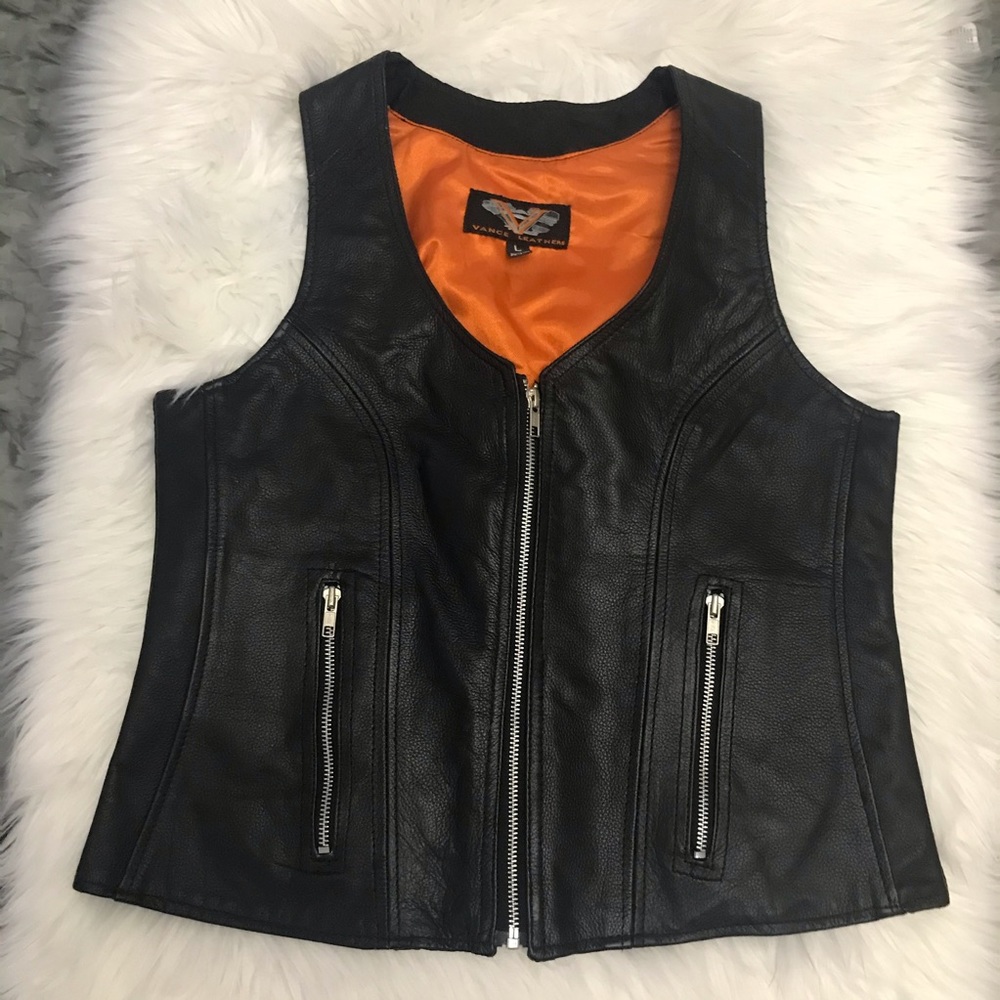 Black Leather Vest with Orange Lining